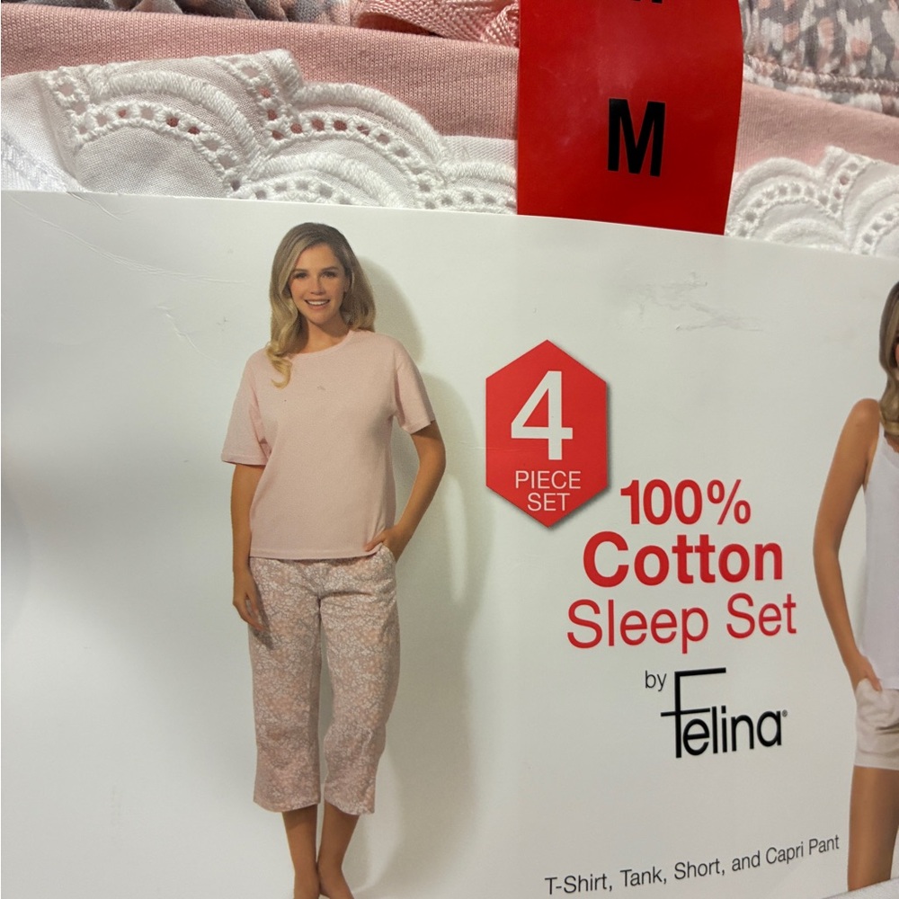 Women's Felins Pink, Gray and White Cotton 4 Piece Sleep Set Size Medium NWT - Picture 3 of 6